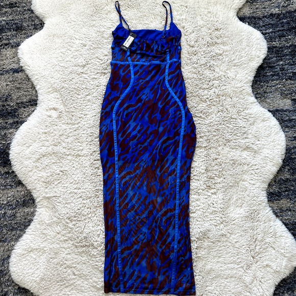 *NWT* Pretty Little Thing Blue Leopard Print Mesh Binding Midaxi Dress Sz S US 4 - Picture 11 of 12